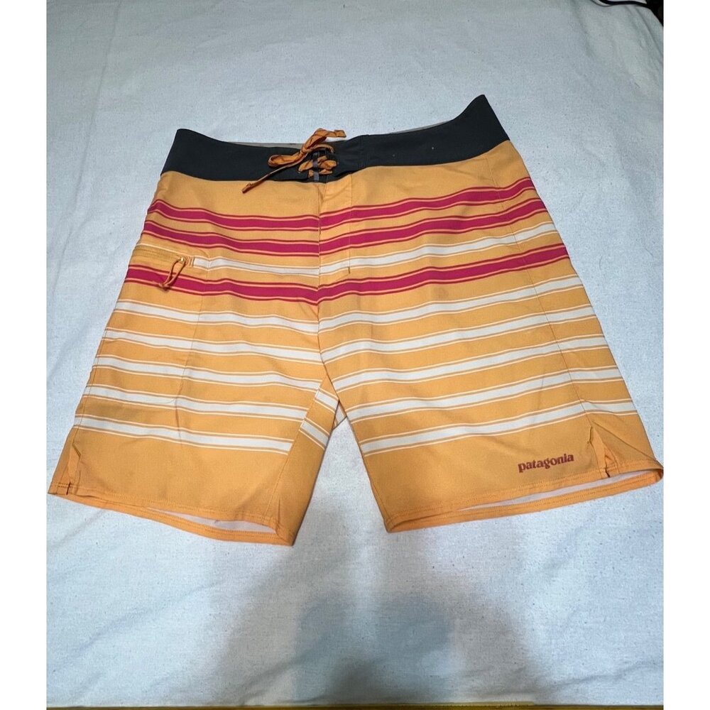 Patagonia Men Striped Board Shorts Size 32 Yellow & Red Recycled Polyester Blend